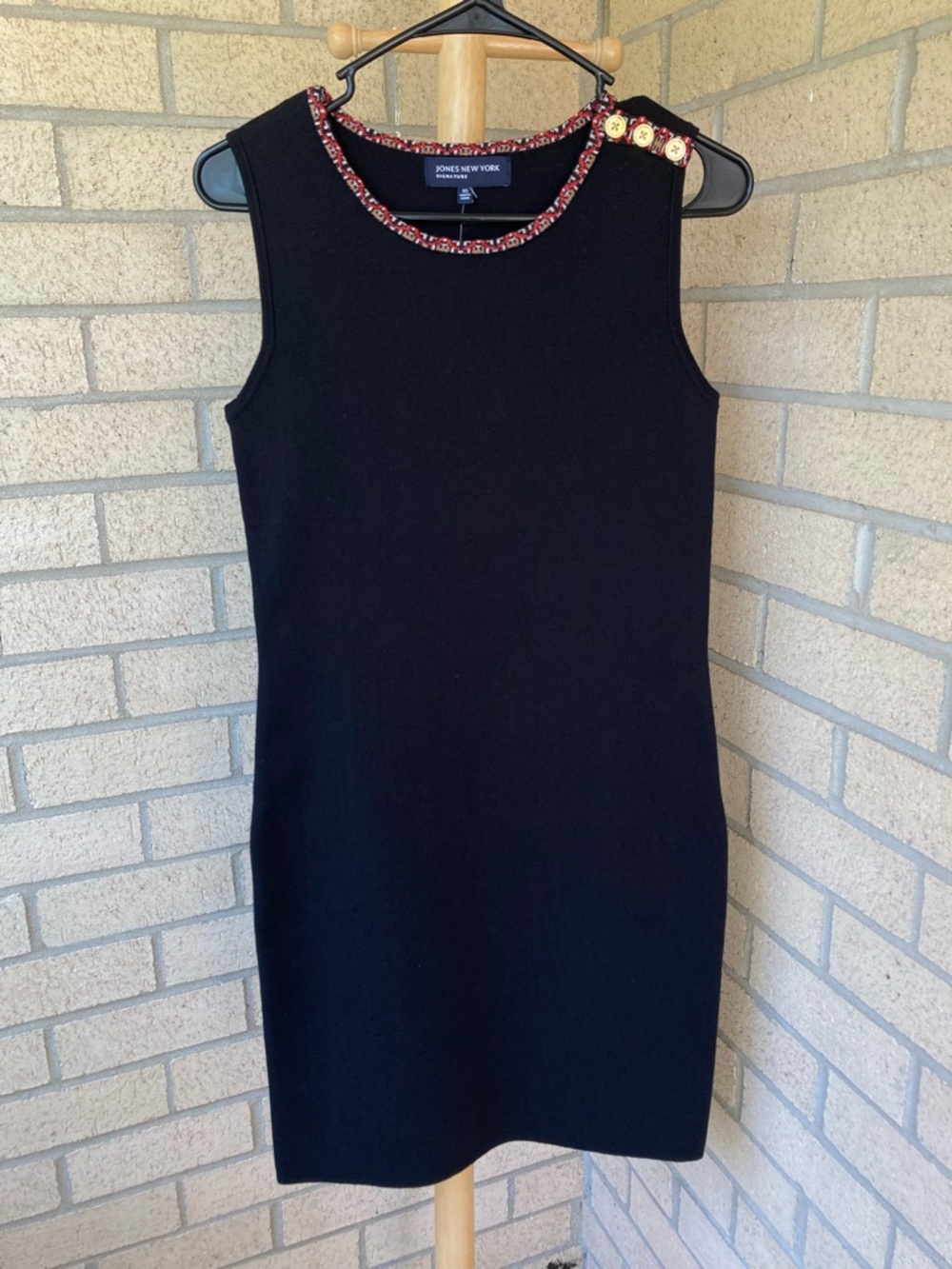 Jones New York Black Ribbed Knit Dress Sleeveless Geometric Trim Sweater Dress - Picture 13 of 13